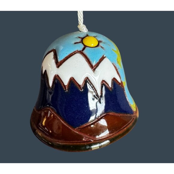 Hand Painted Pottery Bell Ornament Mountain Village Scene Folk Art 1 1/8" - Picture 4 of 6